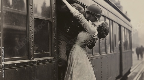 Old photo of a young woman hanging from the door of a train to kiss passionality and say goodbye to a soldier leaving to participate in the Second World War photo