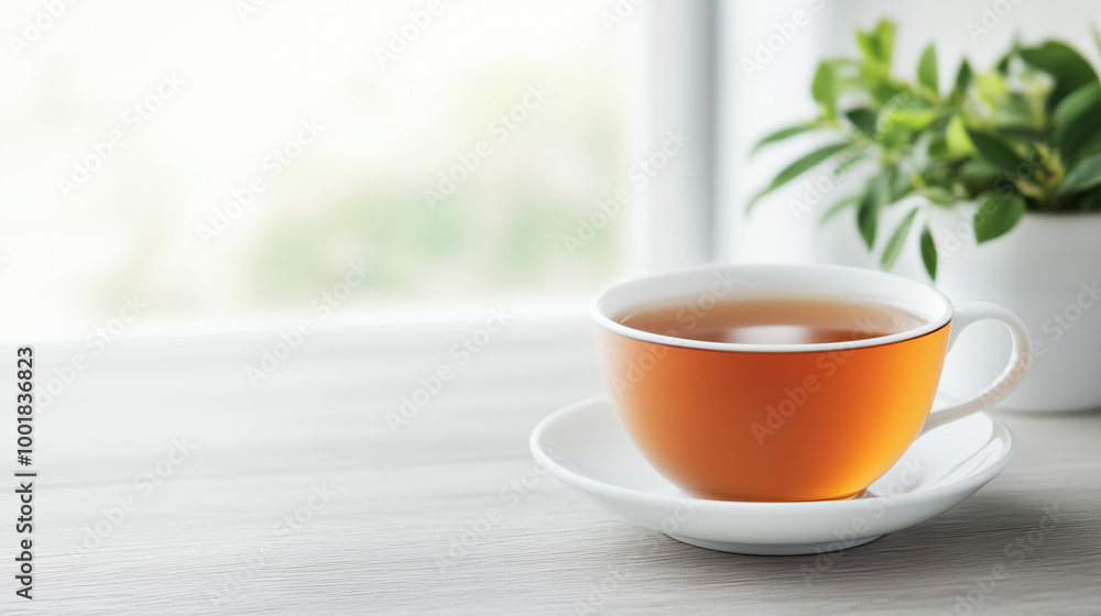 A warm cup of tea sits on saucer, surrounded by serene indoor setting with plant in background, evoking sense of calm and relaxation. A warm cup of tea sits on saucer, surrounded by serene indoor setting with plant in background, evoking sense of calm and relaxation.