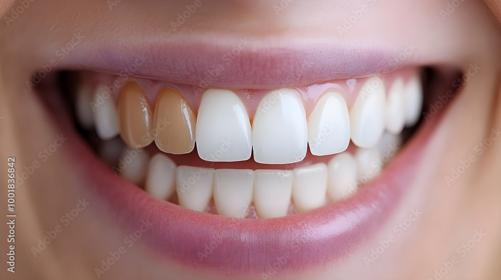 Fototapeta premium Dental transformation showcasing stained, misaligned teeth pre-treatment and a stunningly straight, white smile after professional care