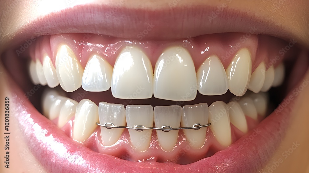 Fototapeta premium A patient's dental journey from crooked, uneven teeth before braces to the first step of alignment with braces installation