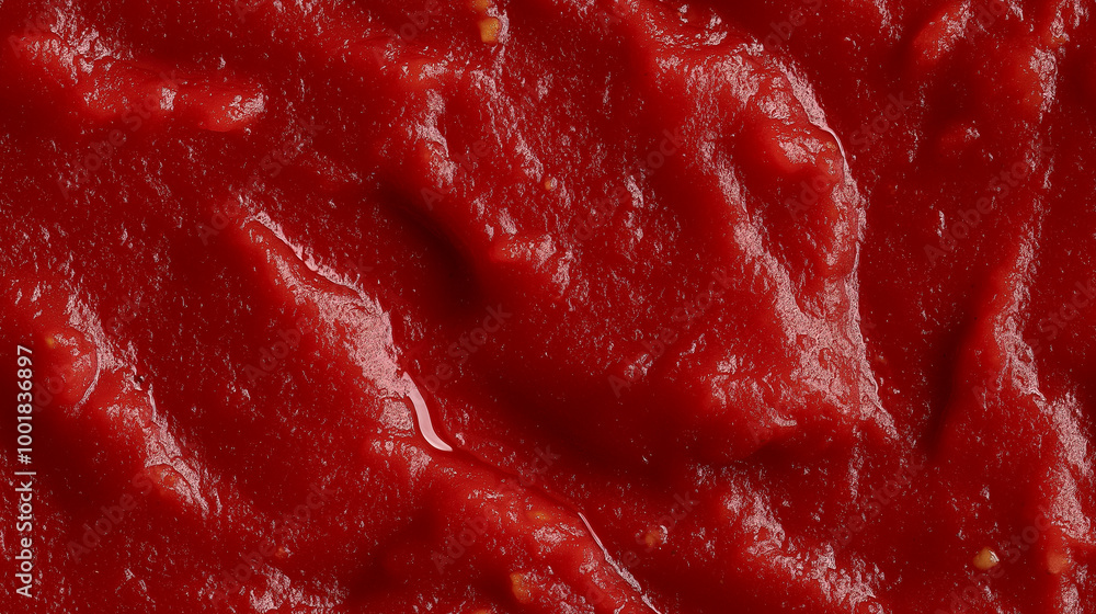 a close-up, top-down view, texture background of tomato-basil puree spread across the entire frame, showcasing its bright red color and smooth texture a close-up, top-down view, texture background of tomato-basil puree spread across the entire frame, showcasing its bright red color and smooth texture