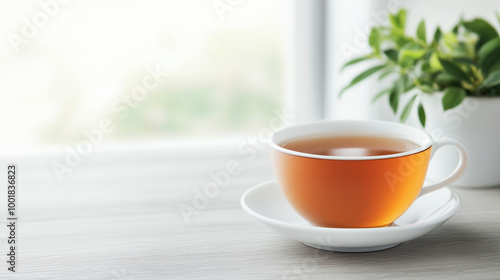 Wallpaper Mural A warm cup of tea sits on saucer, surrounded by serene indoor setting with plant in background, evoking sense of calm and relaxation. Torontodigital.ca