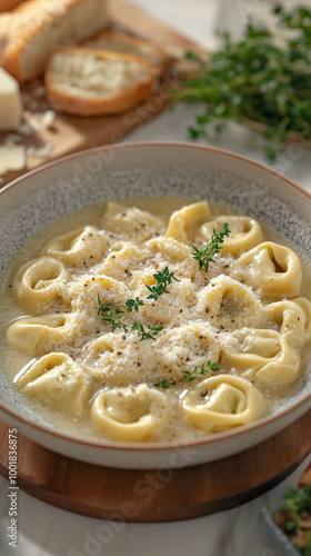 Satisfying Bowl of Tortellini in Brodo with Grated Cheese and Fresh Herbs, Perfect for a Cozy Meal
