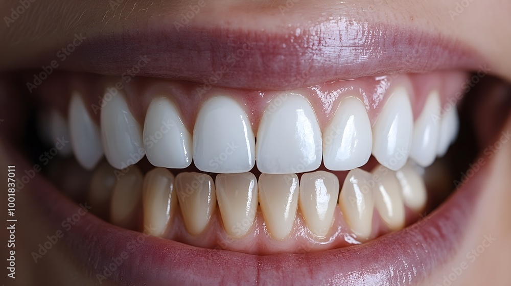 Fototapeta premium Whitening journey, with before-and-after comparison showing darkened teeth prior to treatment and a brilliantly white smile afterward