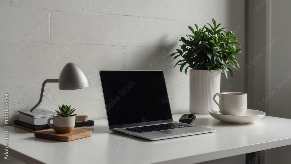 Tidy workspace with dual laptops and lamp Tidy workspace with dual laptops and lamp