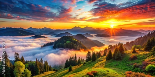 Scenic Mountain Landscape at Sunrise with Misty Valleys and Colorful Sky in Natural Environment