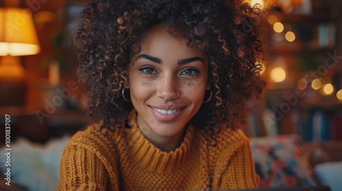 Portrait of a smiling young woman working remotely on a laptop at a cozy home office 