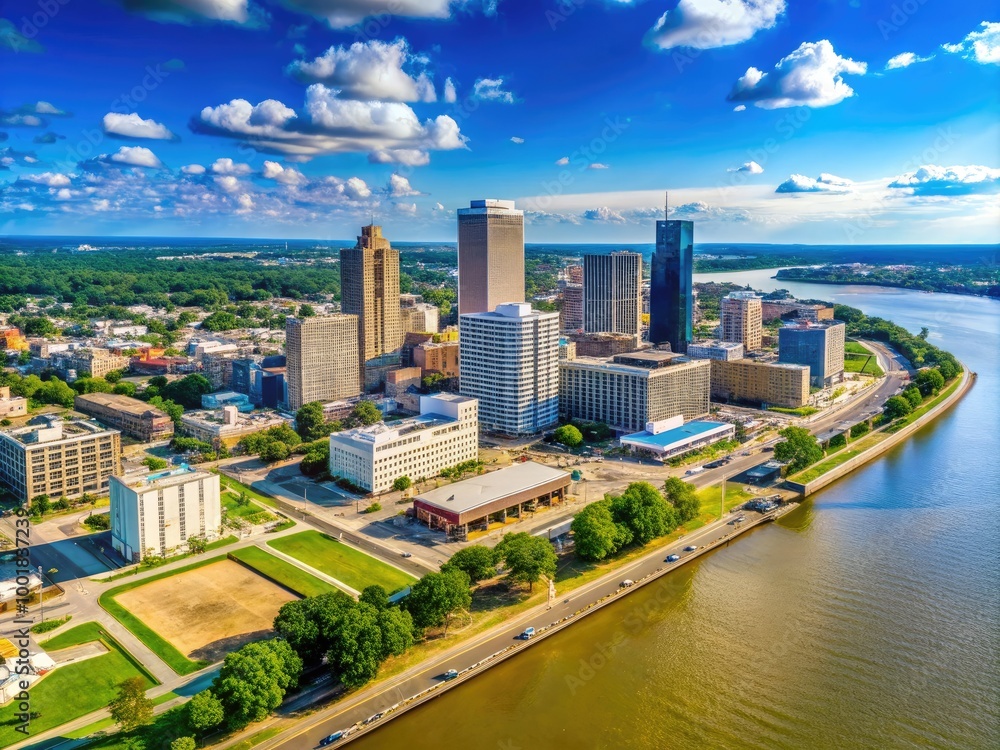 Fototapeta premium Scenic View of Downtown Baton Rouge with Skyscrapers and Riverfront Under a Clear Blue Sky
