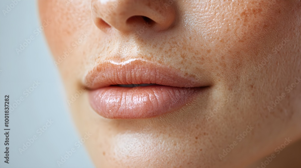 Fototapeta premium Detailed view of a woman's wrinkles around her mouth, followed by a smooth, rejuvenated skin texture post-anti-wrinkle treatment