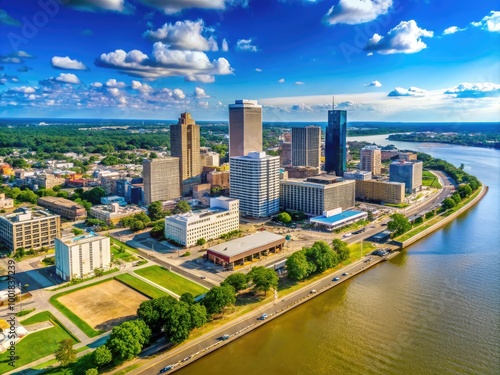 Scenic View of Downtown Baton Rouge with Skyscrapers and Riverfront Under a Clear Blue Sky