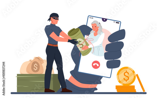 Male robber in mask stealing money from sad grandmother on smartphone screen, scammer calls old lady cartoon . Online scam and fraud, theft from bank account of elderly woman