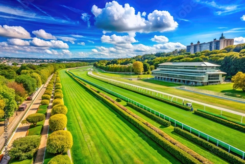 Scenic View of Hippodrome de Longchamp Racecourse Surrounded by Lush Greenery and Blue Sky photo