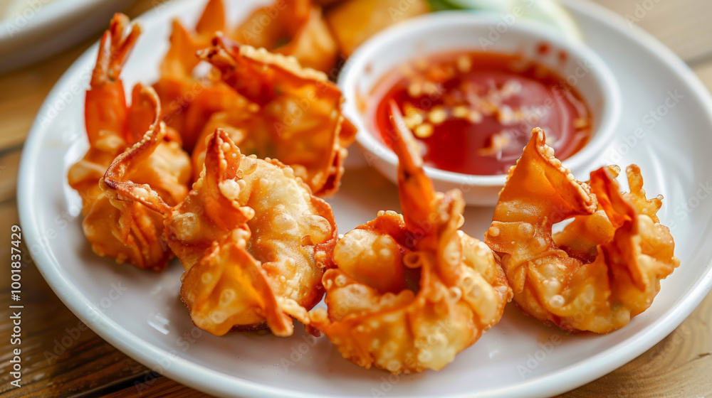 Crispy deep fried shrimp wontons served with side of sweet chili sauce, perfect for delicious appetizer. Crispy deep fried shrimp wontons served with side of sweet chili sauce, perfect for delicious appetizer.