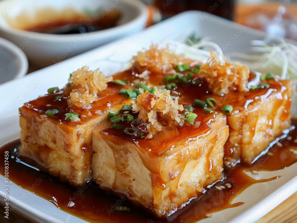 Deep fried tofu topped with shrimp paste, drizzled with sauce, garnished with green onions, and served on white plate. Deep fried tofu topped with shrimp paste, drizzled with sauce, garnished with green onions, and served on white plate.