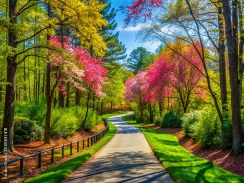 Scenic View of Raleigh Greenway Pathway Surrounded by Lush Trees and Vibrant Nature in Spring