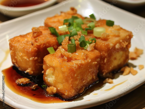 Crispy deep fried tofu topped with green onions, served with savory sauce, offers delightful taste experience.