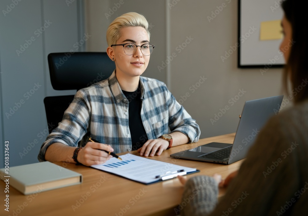 Young woman in a plaid shirt presenting a chart to a client in an office. Young woman in a plaid shirt presenting a chart to a client in an office.