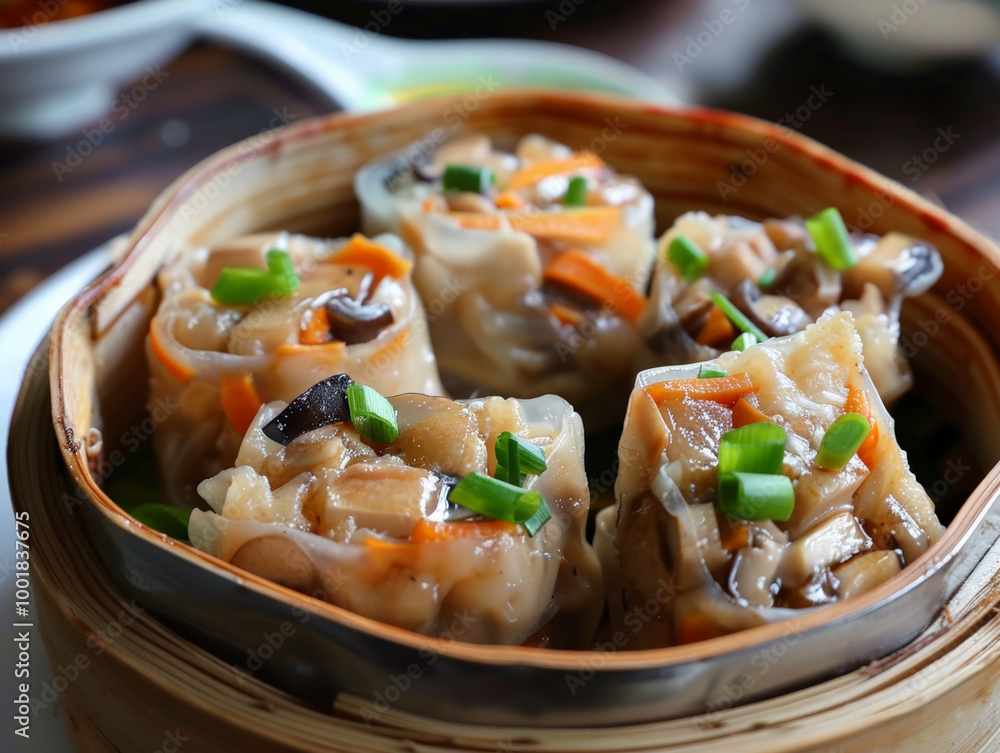 Steamed bean curd rolls filled with mushrooms and vegetables, garnished with green onions, served in bamboo steamer. Steamed bean curd rolls filled with mushrooms and vegetables, garnished with green onions, served in bamboo steamer.