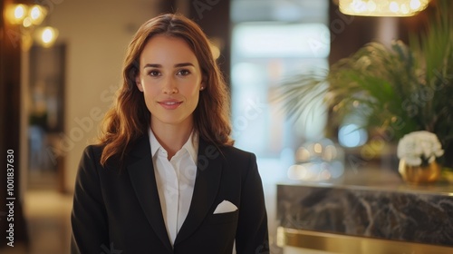 Female hotel receptionist. Premium service background