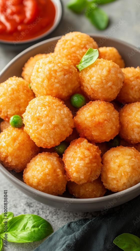 Savory Italian Rice Balls (Arancini) Filled with Cheese and Peas, Accompanied by Marinara Sauce for Dipping Savory Italian Rice Balls (Arancini) Filled with Cheese and Peas, Accompanied by Marinara Sauce for Dipping