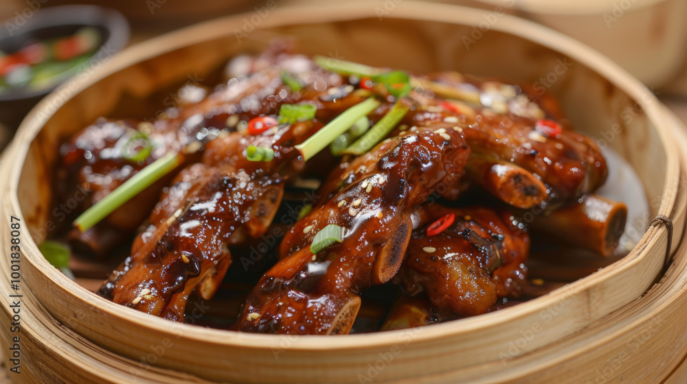 Steamed pork ribs in savory black bean sauce, garnished with green onions and chili, served in bamboo steamer. Steamed pork ribs in savory black bean sauce, garnished with green onions and chili, served in bamboo steamer.