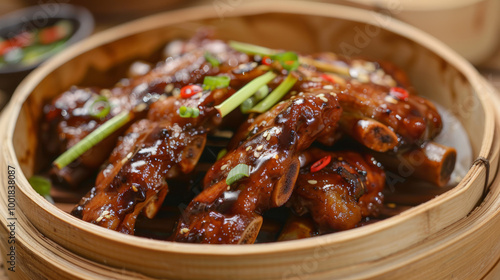 Steamed pork ribs in savory black bean sauce, garnished with green onions and chili, served in bamboo steamer.