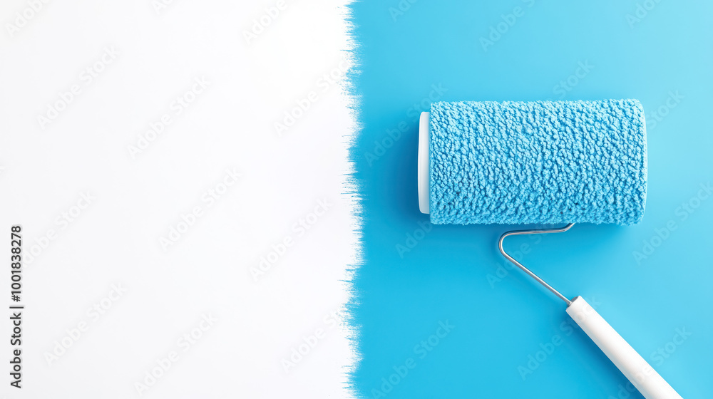 Obraz premium bright blue paint roller on clean white background, with copy space for text