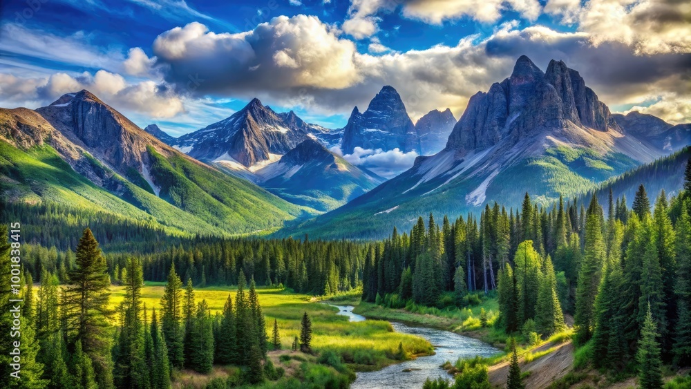 Serene Drawing of Rocky Mountains with Majestic Peaks and Lush Green Valleys in a Clear Blue Sky Serene Drawing of Rocky Mountains with Majestic Peaks and Lush Green Valleys in a Clear Blue Sky