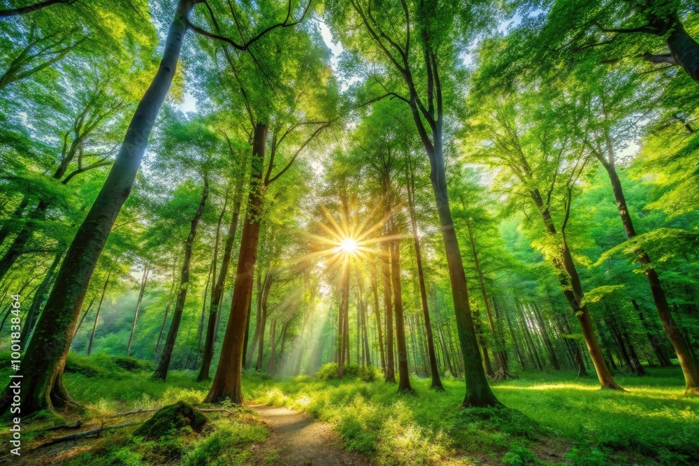 Fototapeta premium Serene Forest Landscape with Lush Green Trees and Sunlight Filtering Through the Canopy Above