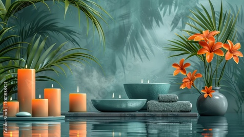 Vector illustration of a peaceful spa scene with candles, plants, and wellness elements 