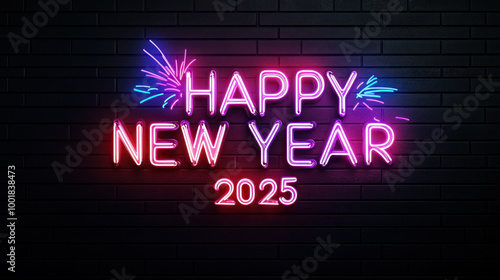 colorful neon happy new year 2025 sign against dark brick wall