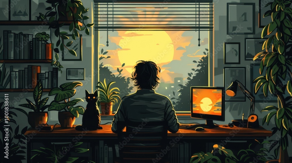Vector illustration of a working from home scene with a person at a desk, plants, and a cozy interior Vector illustration of a working from home scene with a person at a desk, plants, and a cozy interior