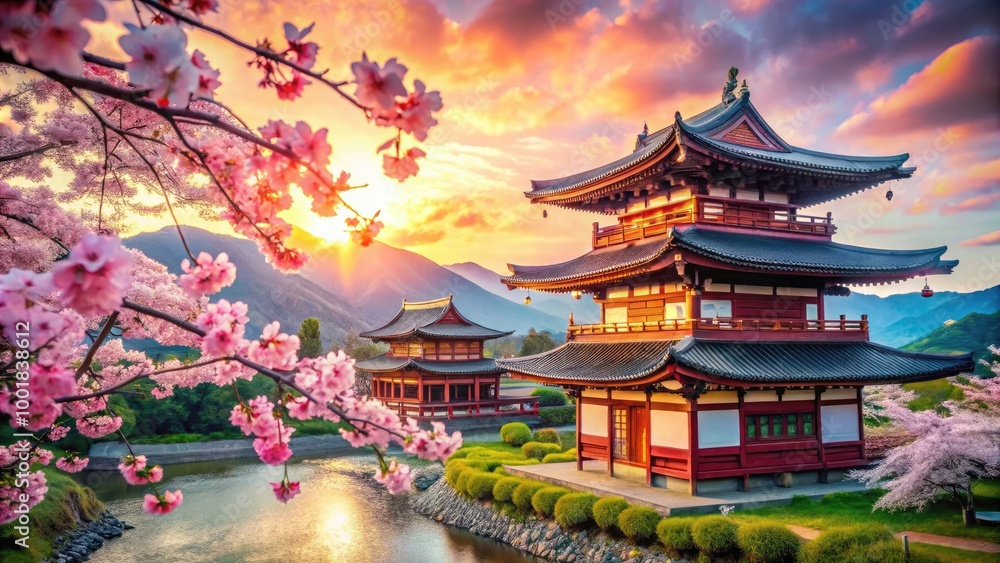 Serene Japanese Background with Cherry Blossoms, Traditional Architecture, and Tranquil Nature Elements Serene Japanese Background with Cherry Blossoms, Traditional Architecture, and Tranquil Nature Elements