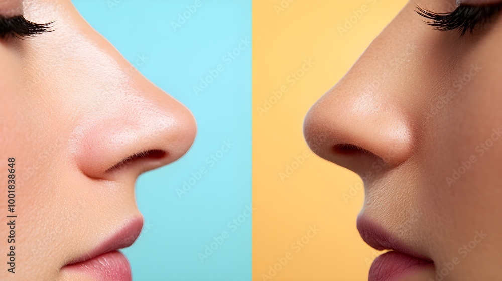 Obraz premium Close-up of nose showing blackhead removal before-and-after, pores transitioning from clogged to clean and refined, Photorealistic, High Detail