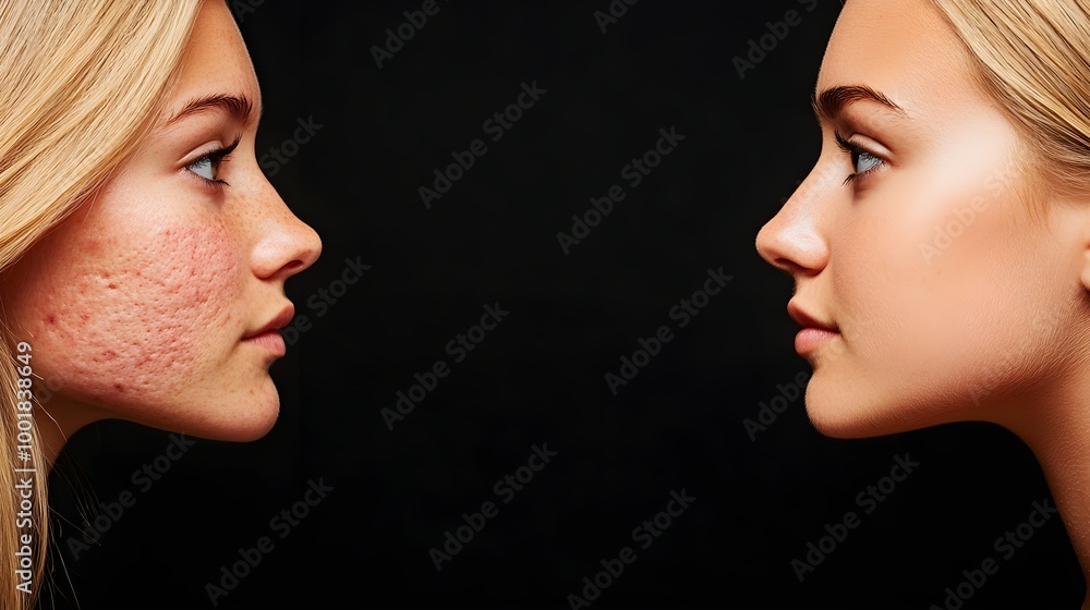 Female teen's side profile before treatment with severe acne, paired with a clear and glowing after-treatment shot, realistic photography, soft lighting, warm tones Female teen's side profile before treatment with severe acne, paired with a clear and glowing after-treatment shot, realistic photography, soft lighting, warm tones