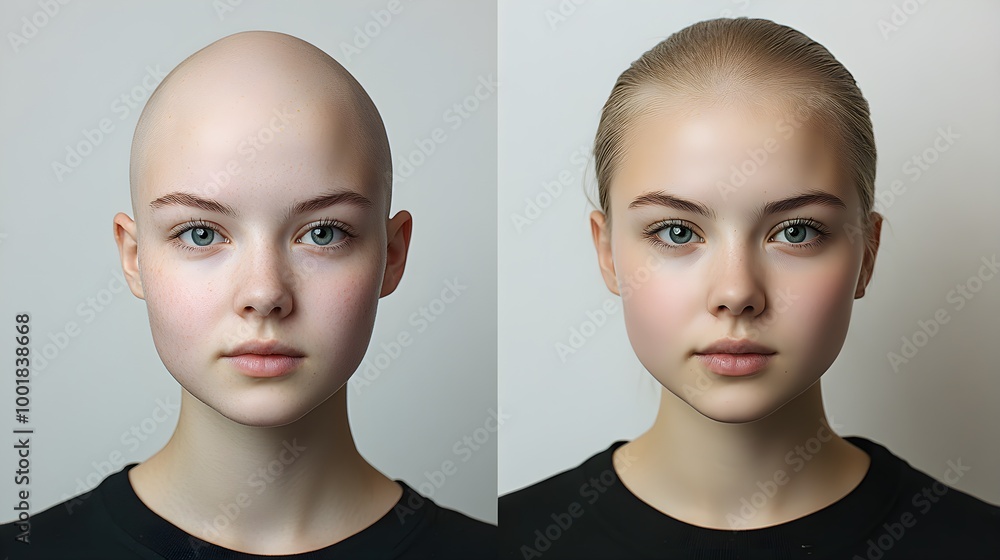 Cropped headshot before-and-after comparison of a young woman, showing visible bald patches on the forehead and temples, transitioning to fuller hair, Photorealistic, Natural Lighting Cropped headshot before-and-after comparison of a young woman, showing visible bald patches on the forehead and temples, transitioning to fuller hair, Photorealistic, Natural Lighting