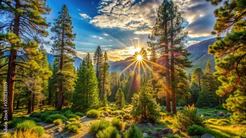 Serene Inyokern Forest Landscape with Lush Greenery and Sunlight Filtering Through the Trees photo