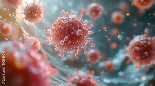 Close-up of damaged skin cells under the surface, breaking apart due to acne inflammation, surrounded by the healing energy of regenerating cells forming healthy tissue