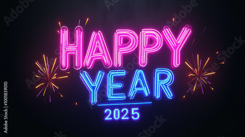 glowing happy year 2025 neon sign with fireworks
