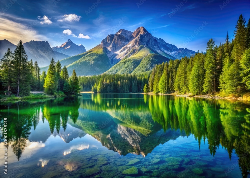 Fototapeta premium Serene Mountain Landscape with Lush Green Forest and Clear Blue Sky Reflecting in Tranquil Lake
