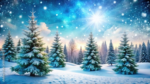 Serene Snowy Christmas Background with Pine Trees and Snowflakes for Holiday-Themed Designs