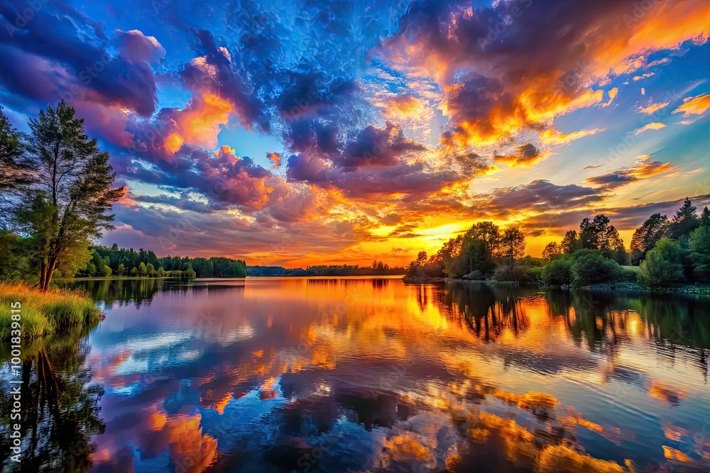 Serene Sunset Over Tranquil Lake with Reflections of Colorful Clouds and Silhouetted Trees Serene Sunset Over Tranquil Lake with Reflections of Colorful Clouds and Silhouetted Trees