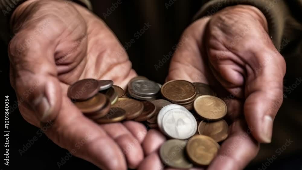 Elderly man is holding a handful of change in his worn and wrinkled hands, symbolizing poverty, financial struggles, and the need for help Elderly man is holding a handful of change in his worn and wrinkled hands, symbolizing poverty, financial struggles, and the need for help