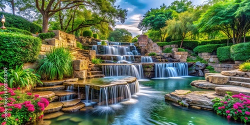 Serene Water Gardens in Fort Worth Showcasing Cascading Waterfalls and Lush Greenery in Harmony