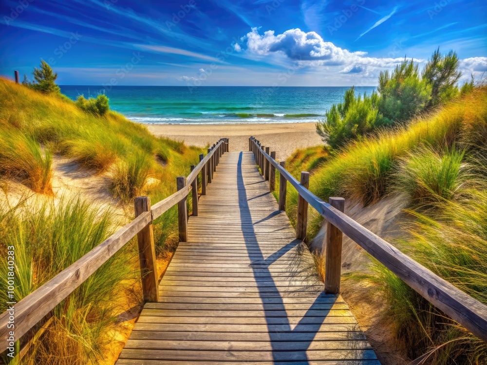 Obraz premium Serene Wooden Walkway Through Dune Vegetation Leading to a Beautiful Sandy Beach Escape