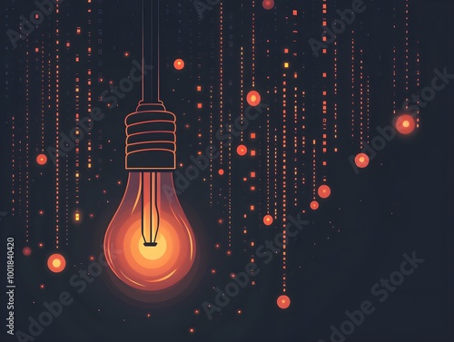 Light bulb emitting rays of digital code, flat vector design with simple shapes and muted colorsThe idea of modern technology and creativity photo