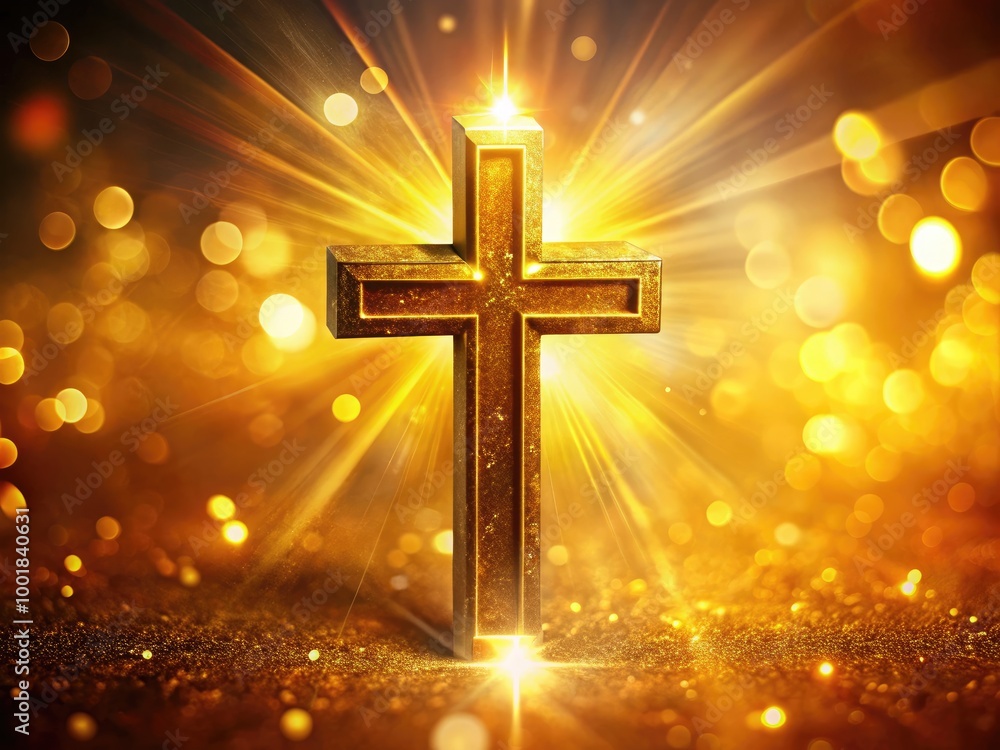 Shining golden Christian cross illuminated against a soft, blurred background of warm colors Shining golden Christian cross illuminated against a soft, blurred background of warm colors
