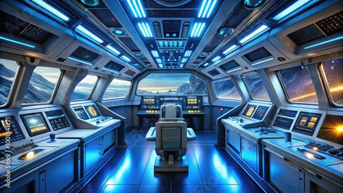 Sleek and Modern Futuristic Spaceship Interior with High-Tech Control Panels and Ambient Lighting