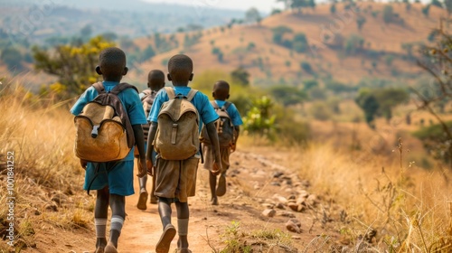  poor black skin students walking to school in front of their dry rural countryside village of Africa on back to school day