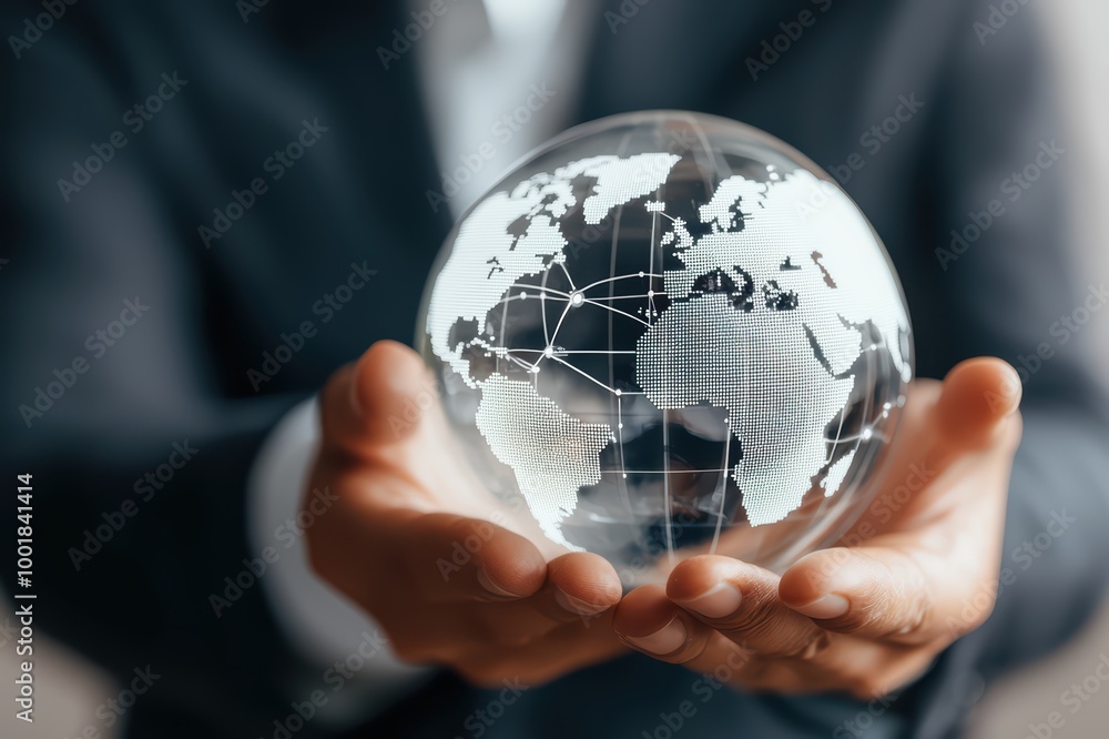 A business professional holding a transparent globe, symbolizing global connectivity and strategy in a modern workplace setting. A business professional holding a transparent globe, symbolizing global connectivity and strategy in a modern workplace setting.